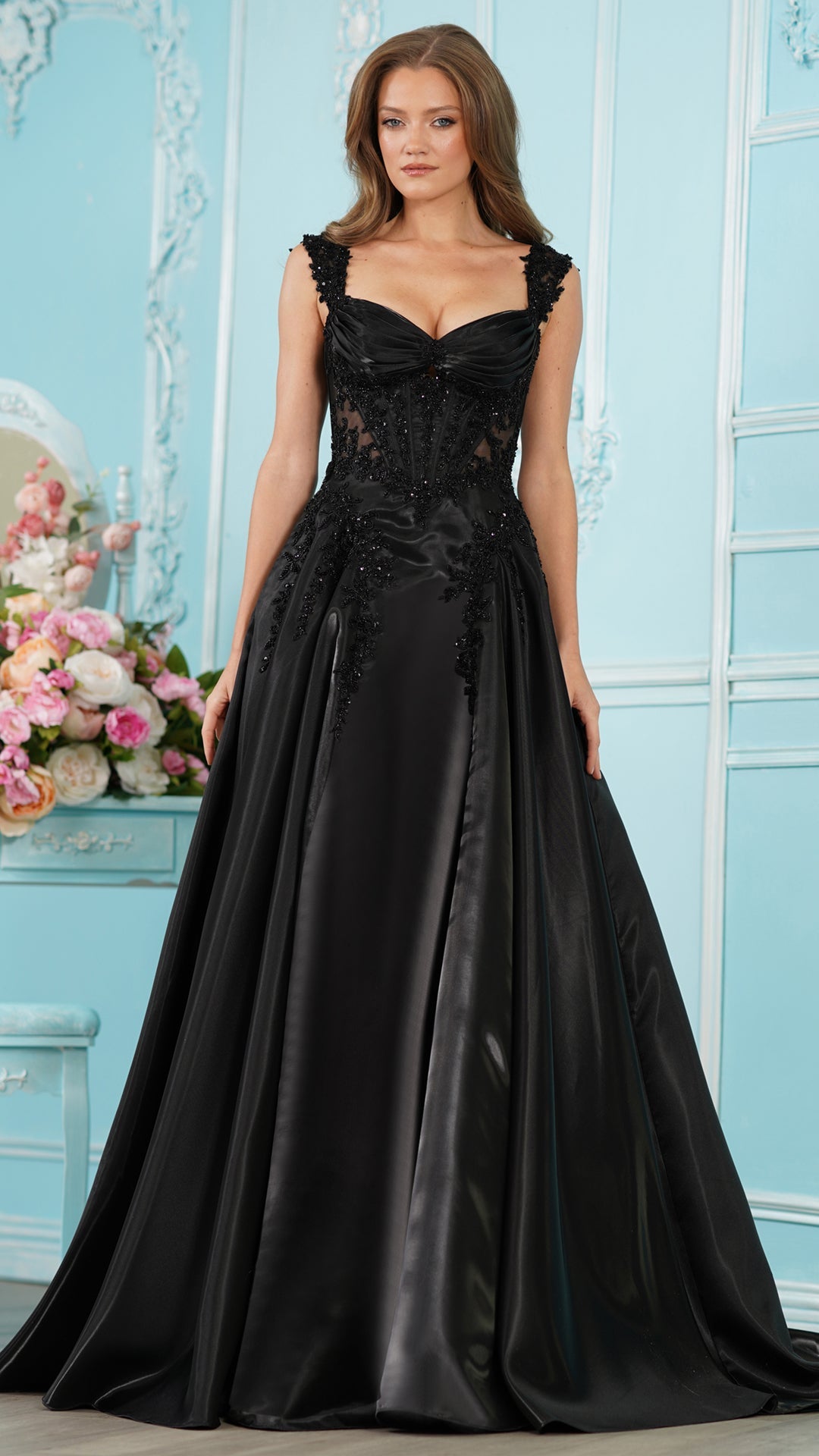 Colors Dress 4150 off shoulder a-line prom dress in BLACK — 2027