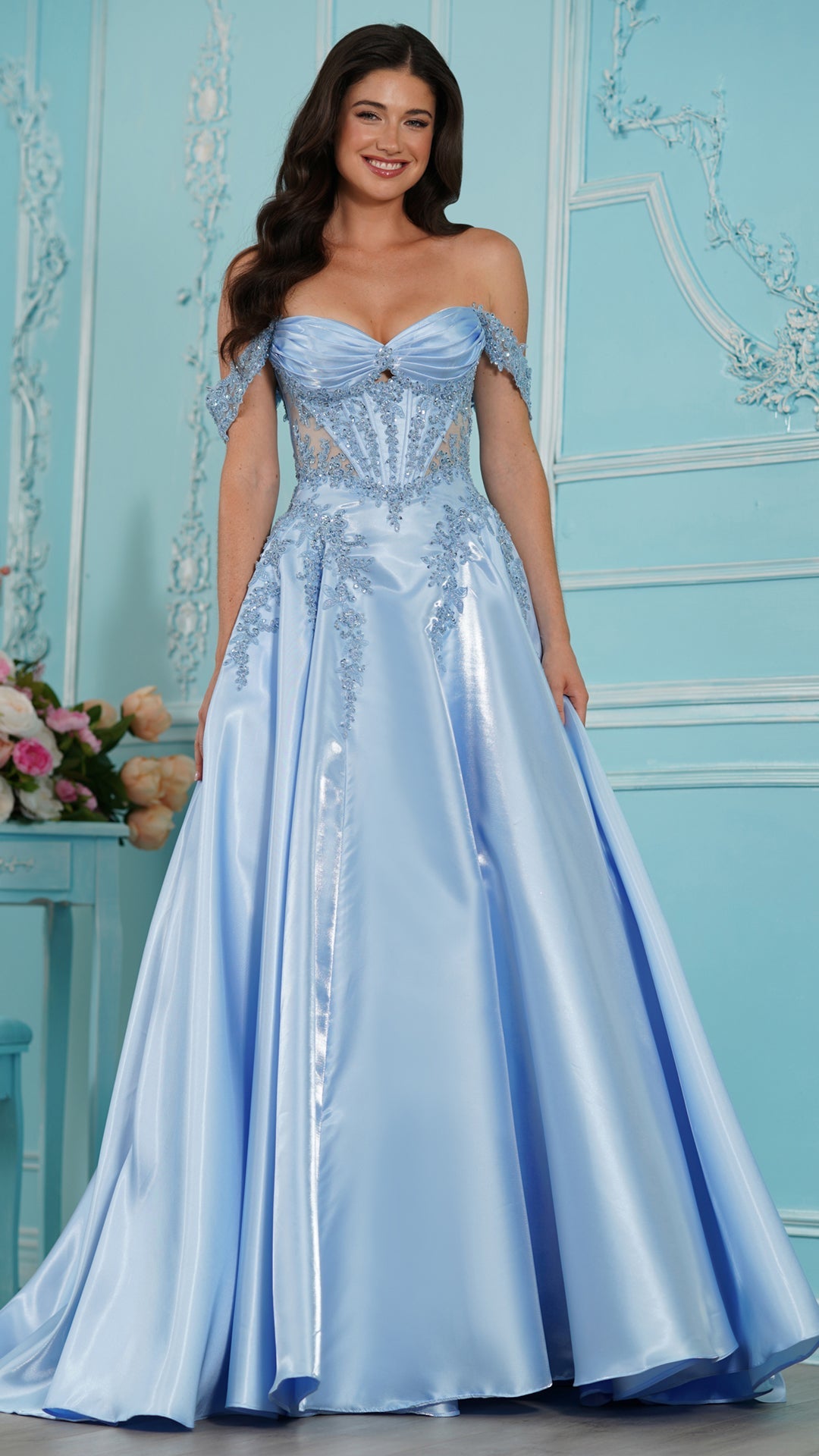 Colors Dress 4150 off shoulder a-line prom dress in Blue — 2027