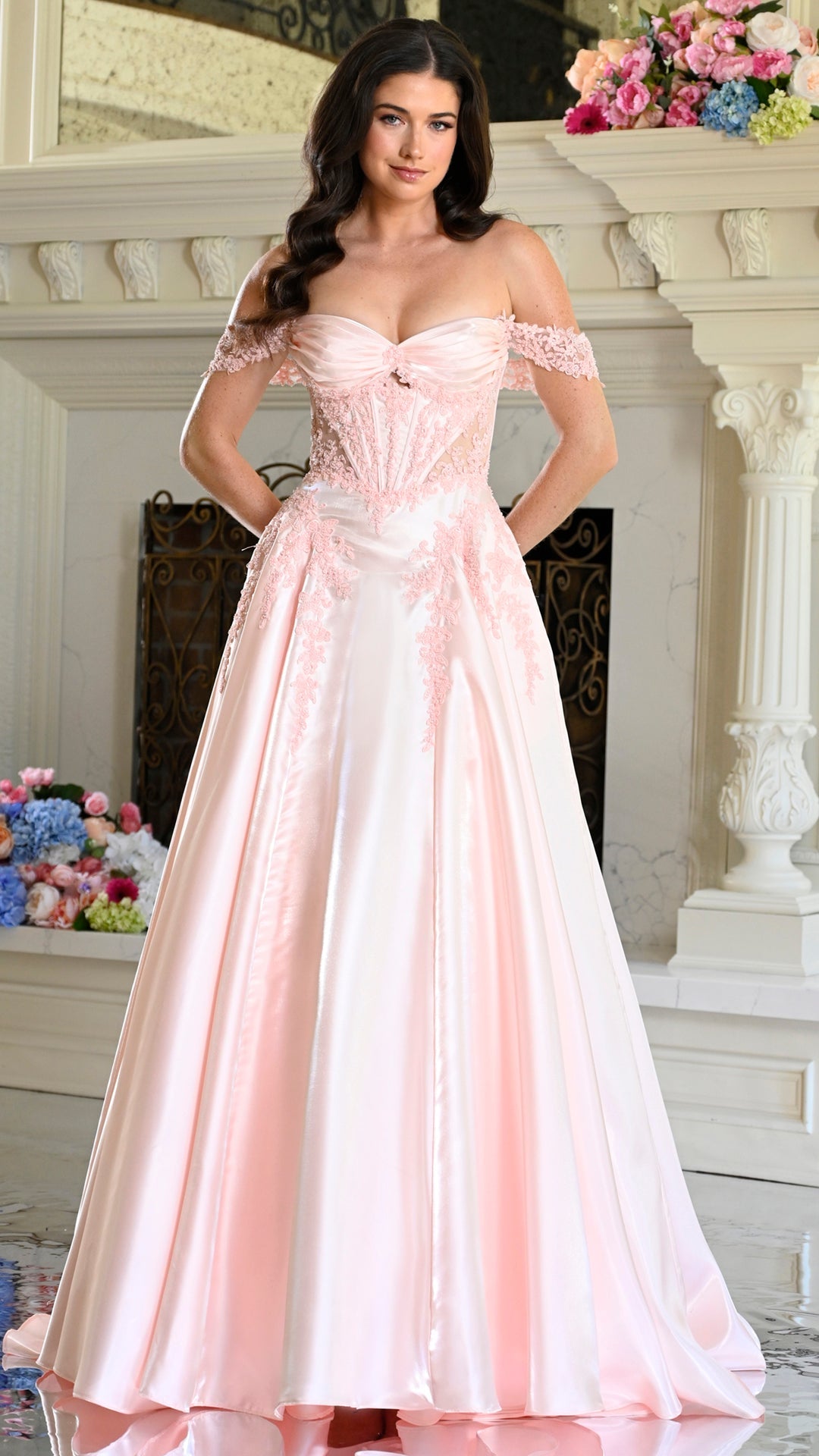 Colors Dress 4150 off shoulder a-line prom dress in Blush — 2027