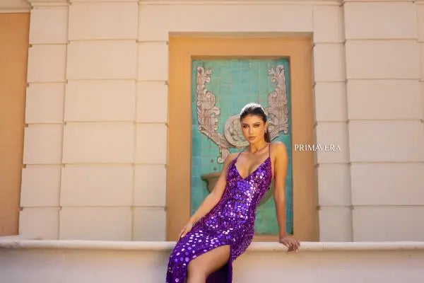 Primavera Couture 4151 Size 4 Purple Long Prom Dress Fitted Glass Cut Beads Lace Up Back V Neck Formal Pageant Gown Primavera Couture 4151 Size 4 Purple Long Prom Dress Fitted Glass Cut Beads Lace Up Back V Neck Formal Pageant Gown