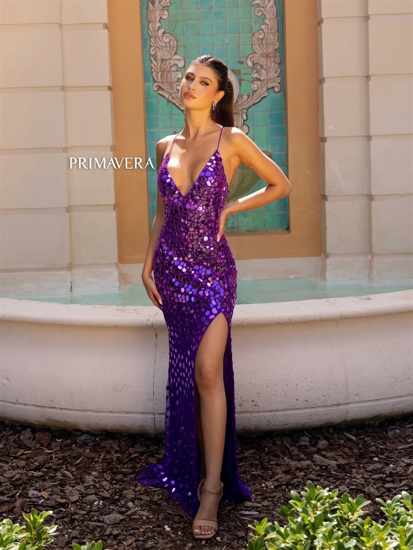 Primavera Couture 4151 Long Prom Dress Fitted Glass Cut Beads Lace Up Back V Neck Formal Pageant Gown 16 / Purple