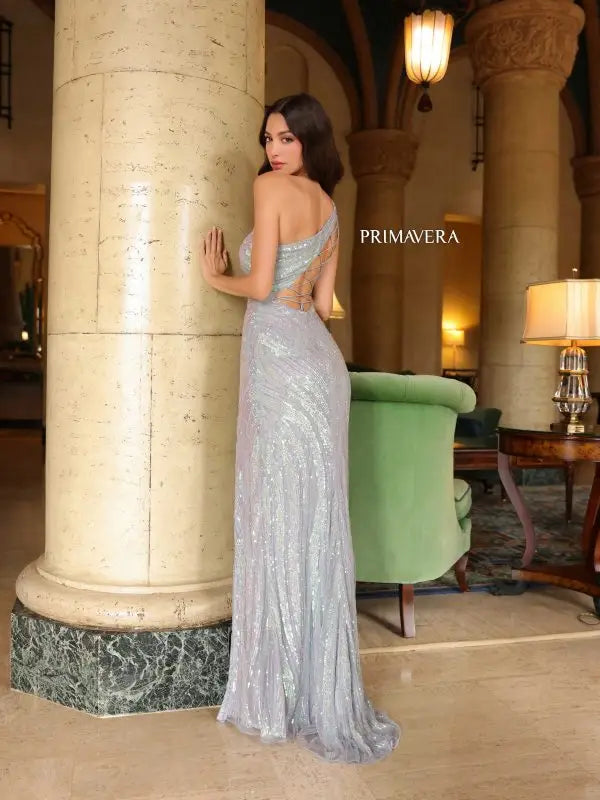 Primavera Couture 4152 Size 8 Platinum Asymmetrical Back Lace Up Fitted High Slit Sequin Beaded Formal Pageant Gown