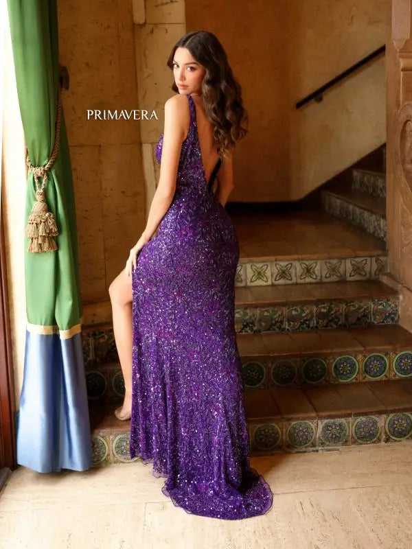 Primavera Couture 4153 Long Prom Dress V Neck Fitted High Slit Open Back Sequin Formal Pageant Gown