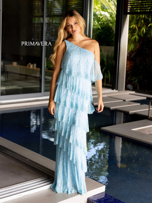 Elevate your style with the Primavera Couture 4163 Long Prom Dress. This stunning gown features a layered ruffle design, along with an asymmetrical neckline and one shoulder detail. The high slit adds a touch of drama, making it perfect for formal events and pageants. Show off your unique style and make a statement in this elegant gown.