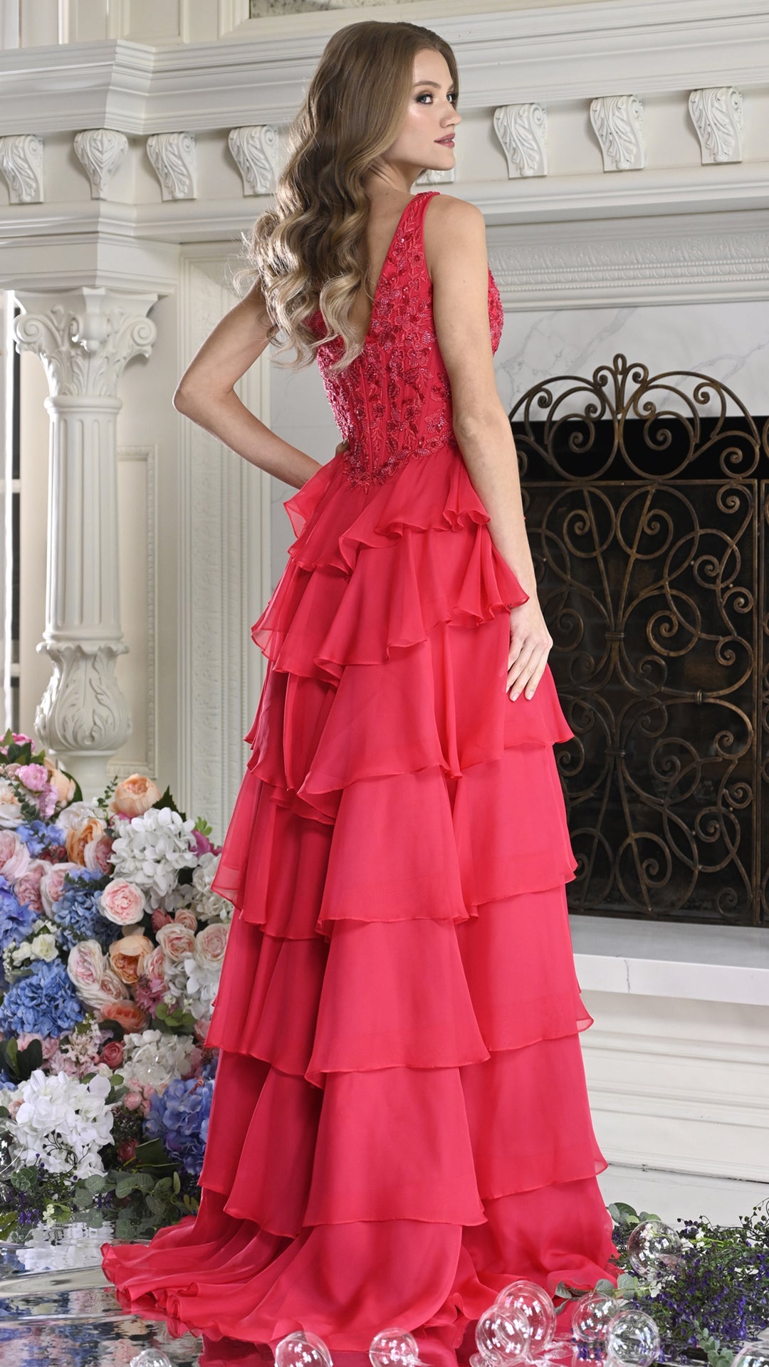 Colors Dress 4177 beaded corset prom dress in WATERMELON — 2027
