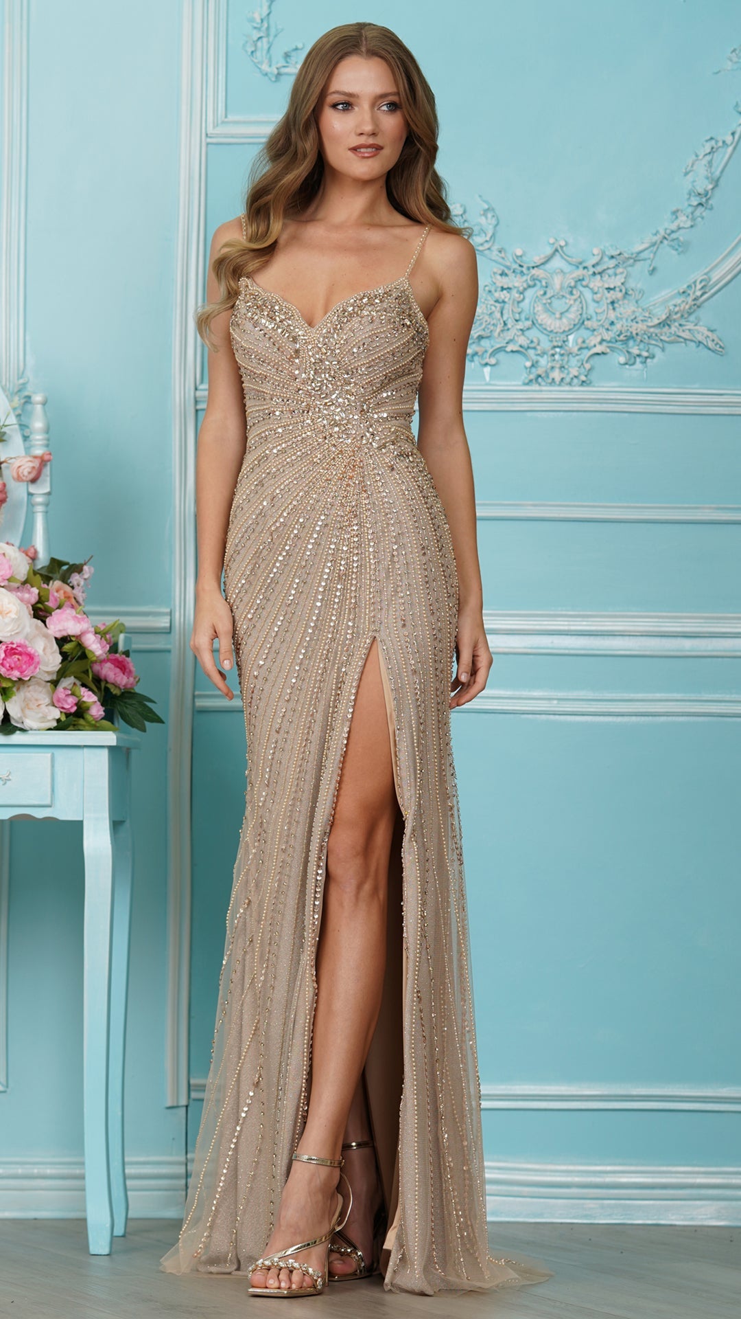 Colors Dress 4190 beaded mermaid prom dress in Gold — 2027