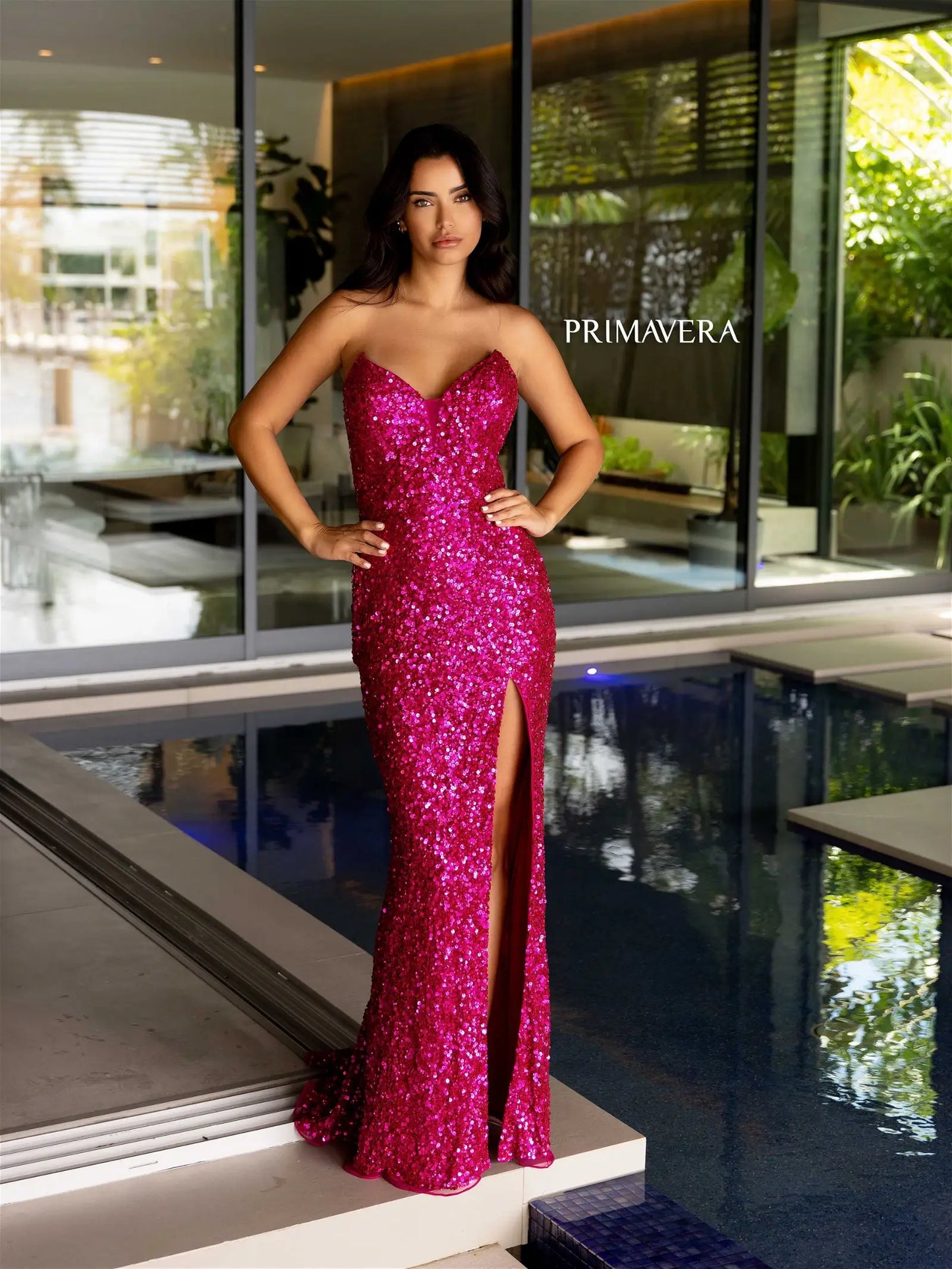 Primavera Couture 4192 Sequin Strapless Prom Dress Peak Point Pageant Gown Slit Formal