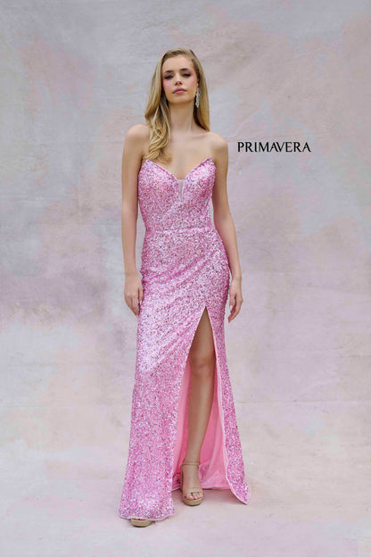 Primavera Couture 4192 Sequin Strapless Prom Dress Peak Point Pageant Gown Slit Formal