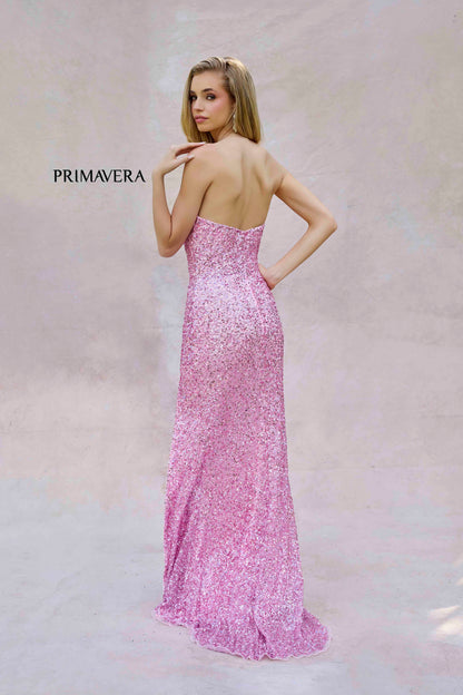 Primavera Couture 4192 Sequin Strapless Prom Dress Peak Point Pageant Gown Slit Formal