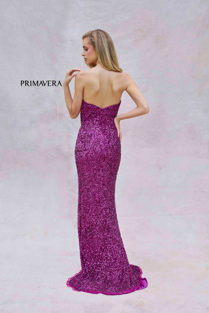 Primavera Couture 4192 Sequin Strapless Prom Dress Peak Point Pageant Gown Slit Formal