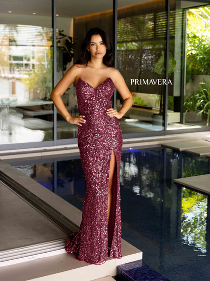 Primavera Couture 4192 Sequin Strapless Prom Dress Peak Point Pageant Gown Slit Formal
