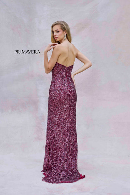 Primavera Couture 4192 Sequin Strapless Prom Dress Peak Point Pageant Gown Slit Formal
