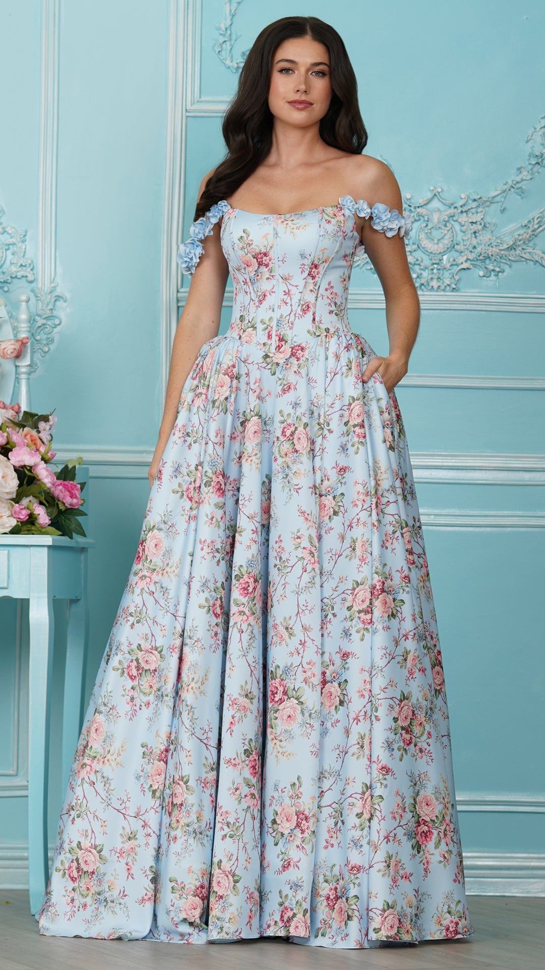 Colors Dress 4214 floral satin ballgown prom dress in Blue — 2027