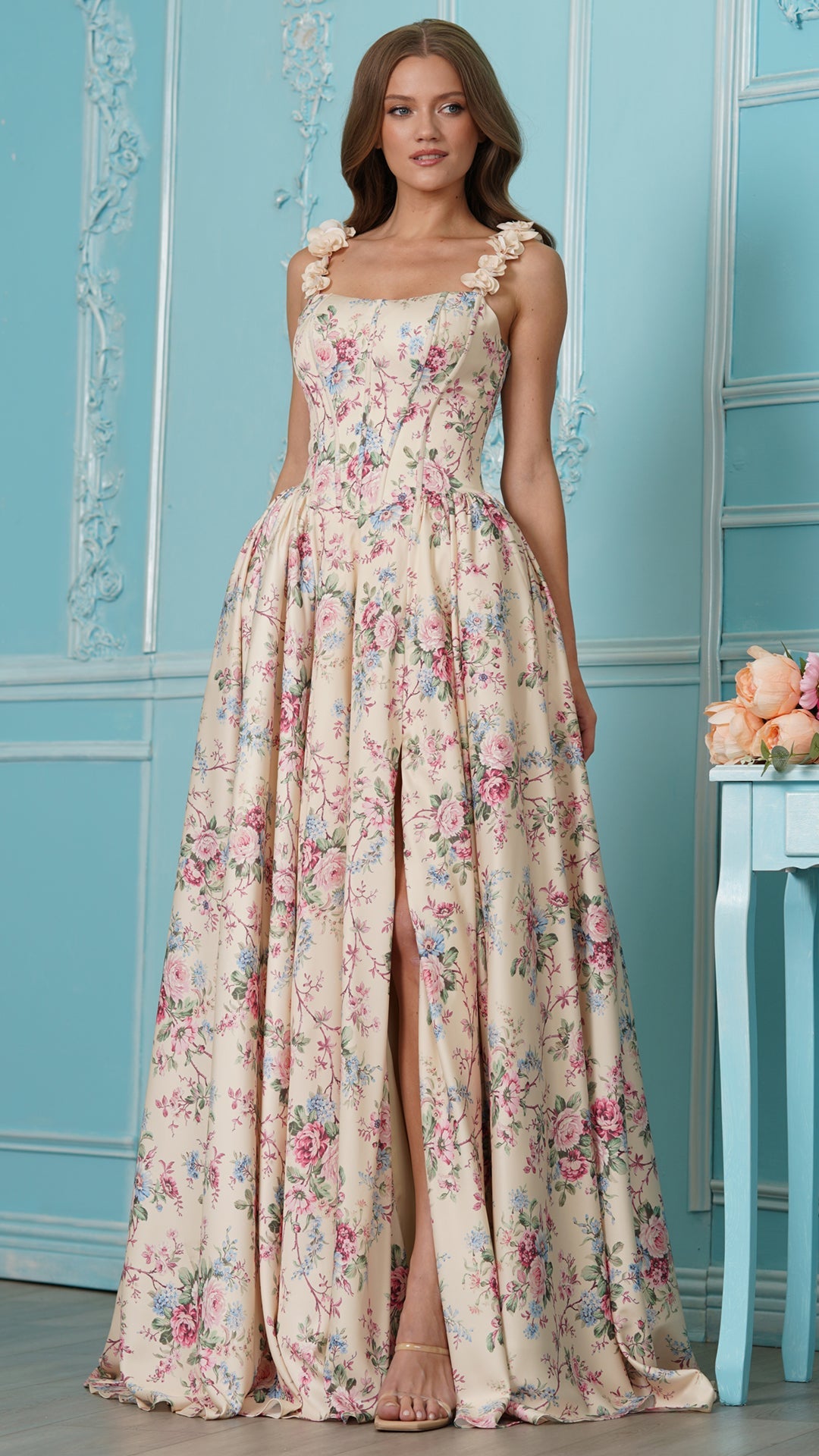 Colors Dress 4214 floral satin ballgown prom dress in Yellow — 2027