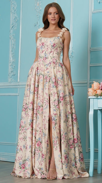 Colors Dress 4214 floral satin ballgown prom dress in Yellow — 2027