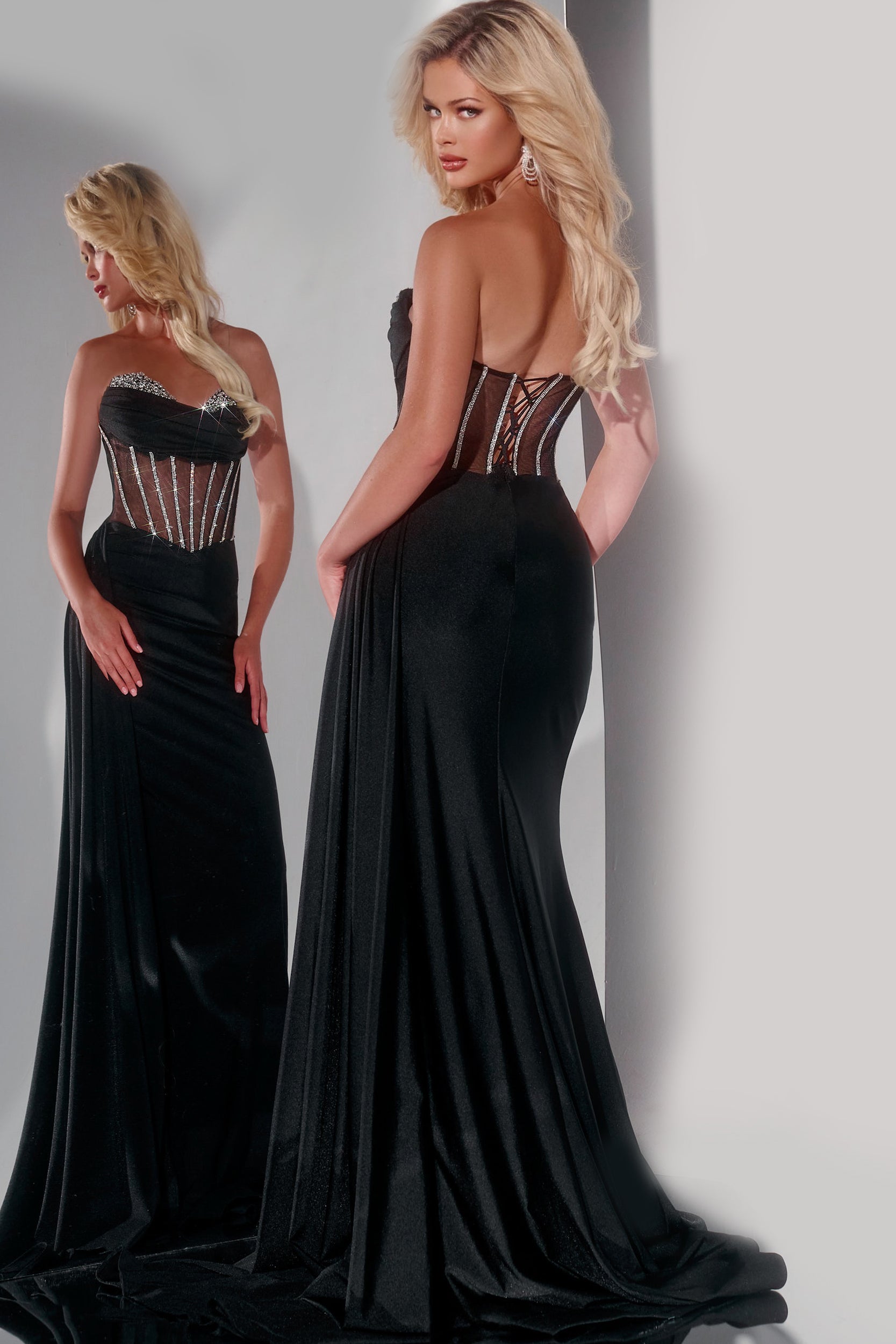 Jovani 42226 size 10 Black Crystal Corset Prom Dress Maxi Slit Overskirt formal evening Gown Jovani 42226 size 10 Black Crystal Corset Prom Dress Maxi Slit Overskirt formal evening Gown