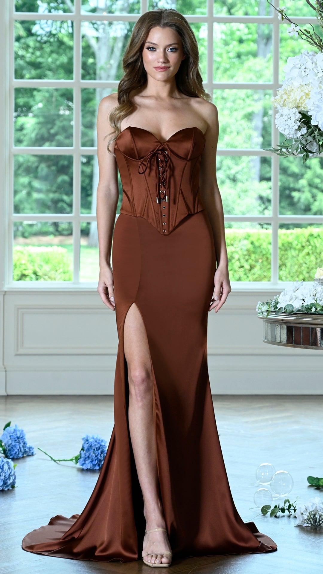 Colors Dress 4233 strapless satin mermaid prom dress in Brown — 2027