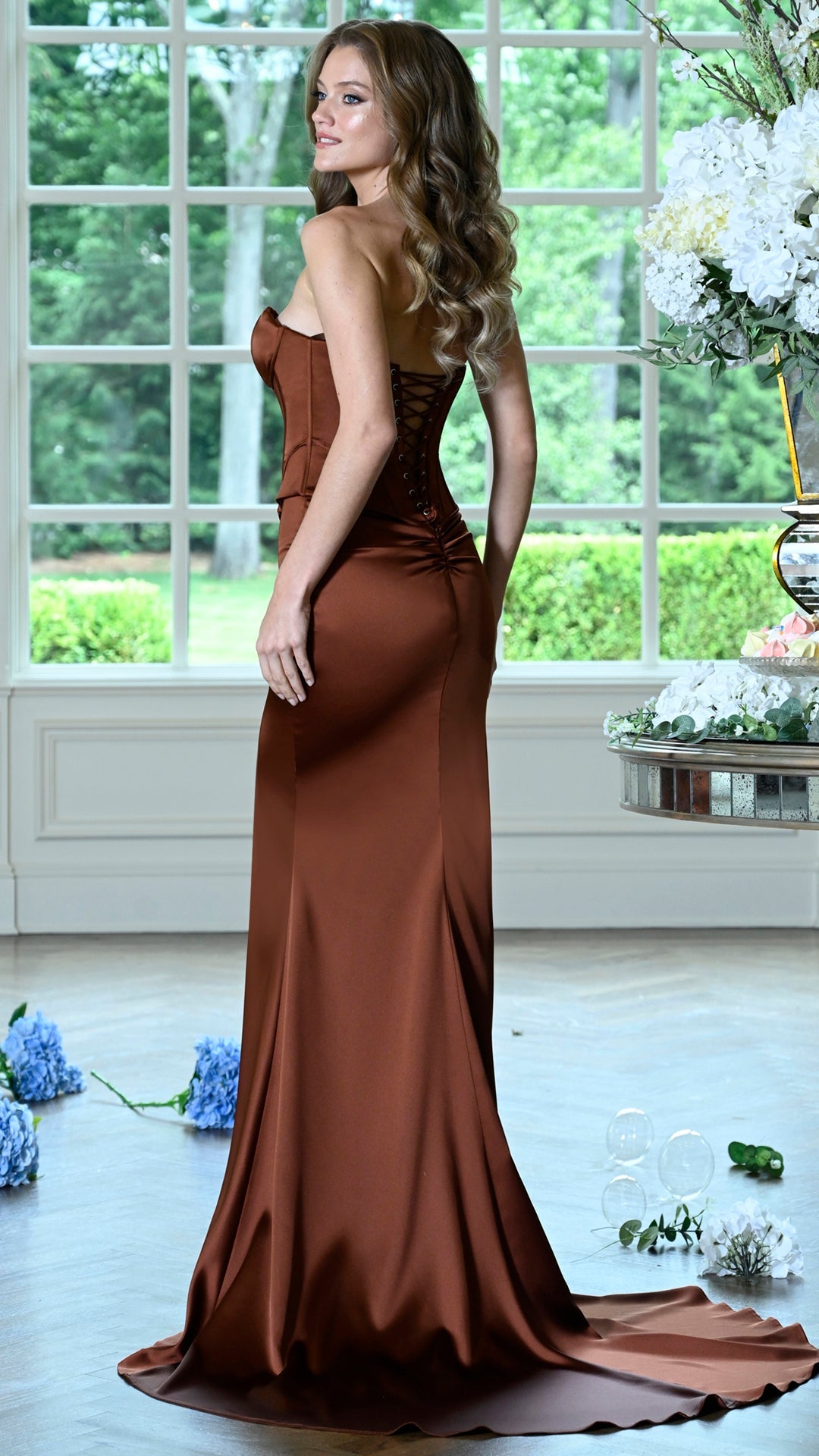 Colors Dress 4233 strapless satin mermaid prom dress in Brown — 2027
