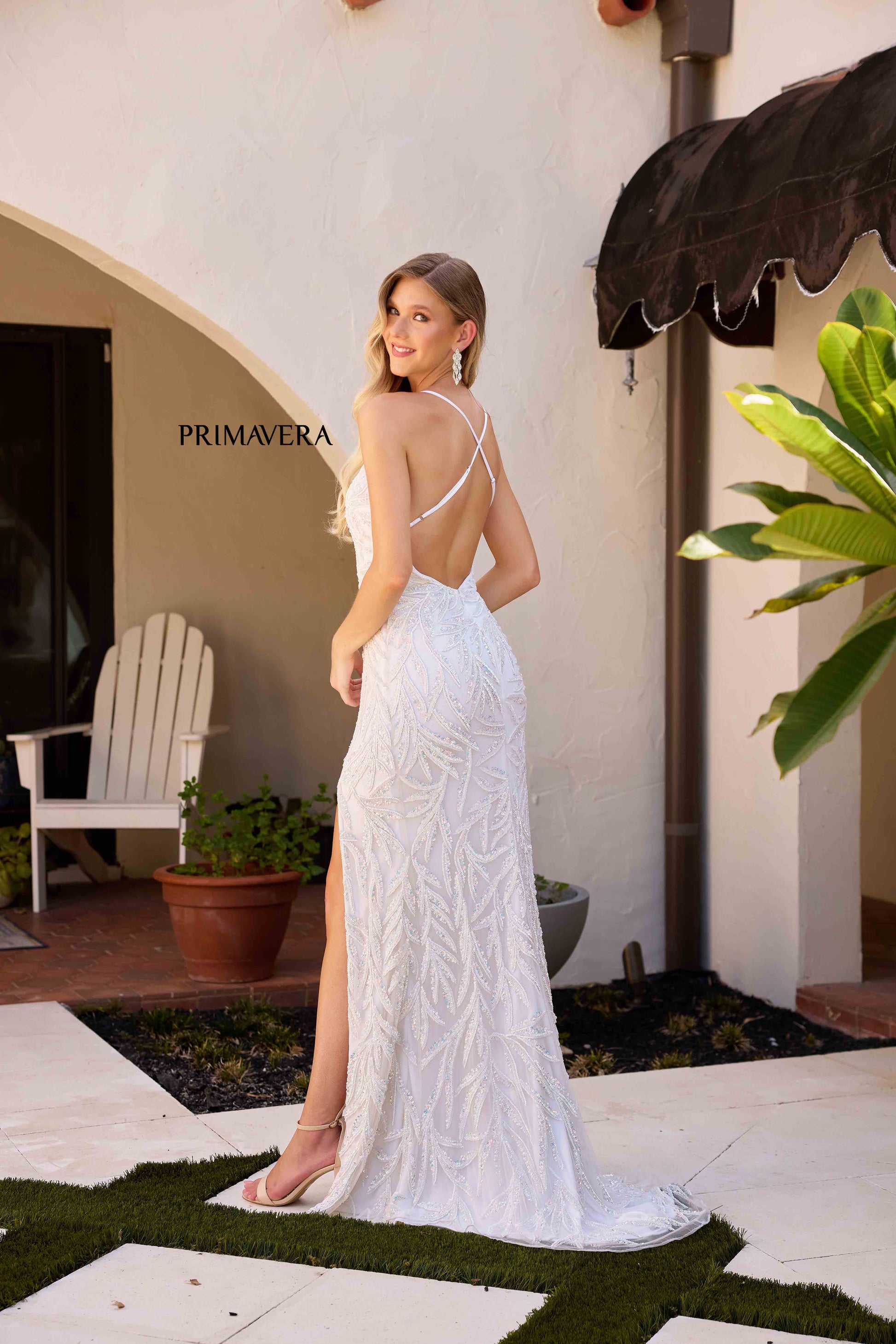 Primavera Couture 4332 Size 10, 14 Ivory Beaded Backless Prom Dress Slit Formal Evening Gown V Neck - 10 / Ivory Primavera Couture 4332 Size 10, 14 Ivory Beaded Backless Prom Dress Slit Formal Evening Gown V Neck - 10 / Ivory