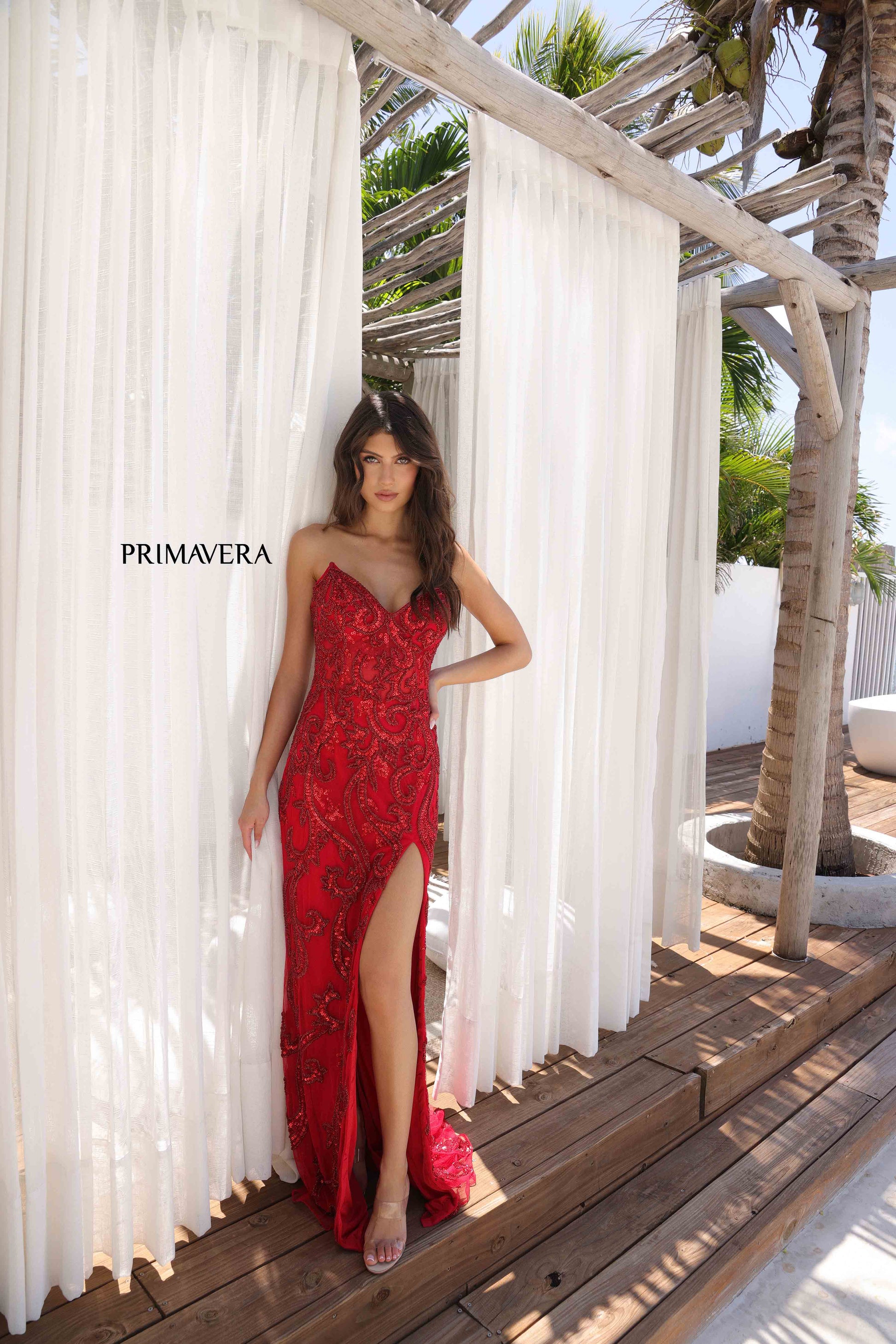 Primavera Couture 4356 Size 2 Red Fitted Beaded Sequin Prom Dress Cors Glass Slipper Formals Primavera Couture 4356 Size 2 Red Fitted Beaded Sequin Prom Dress Cors Glass Slipper Formals