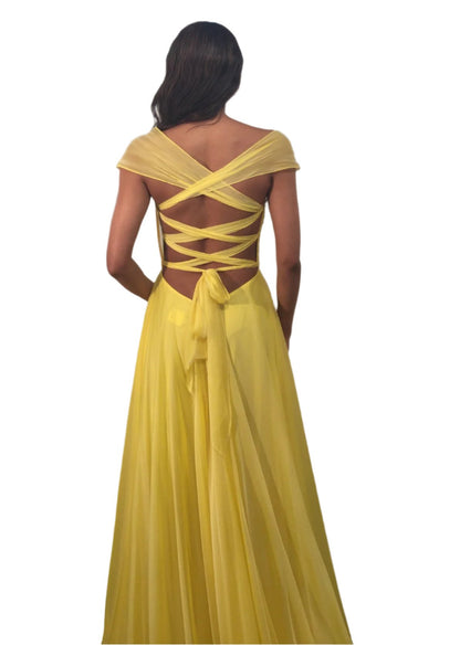 Jovani 43842 Size 4 Yellow Long Maxi Slit A Line Backless Prom Dress Corset Chiffon off the shoulder Formal Gown Jovani 43842 Size 4 Yellow Long Maxi Slit A Line Backless Prom Dress Corset Chiffon off the shoulder Formal Gown
