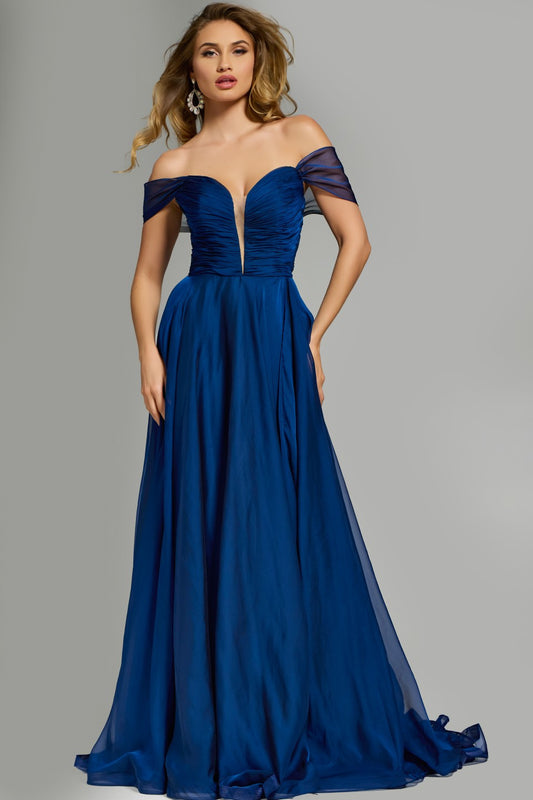 Jovani 43842 Long Maxi Slit A Line Backless Prom Dress Corset Chiffon off the shoulder Formal Gown