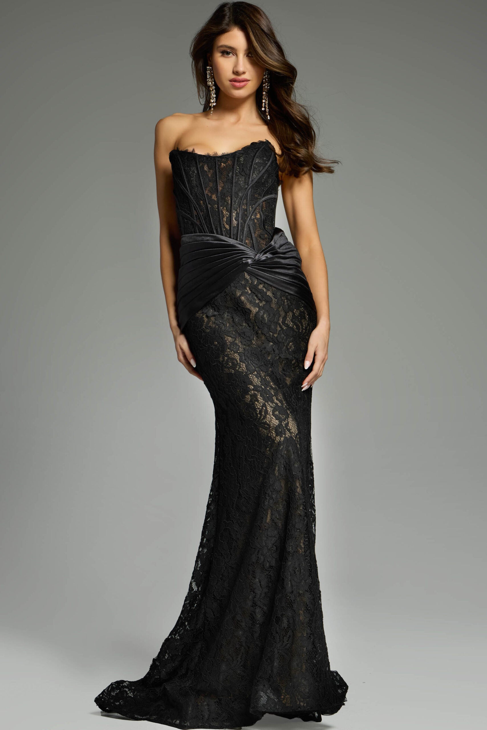 Jovani 43856 Size 4 Black/Nude Long Lace Fitted Prom Dress Scoop Neck Corset Evening Gown Pageant Formal