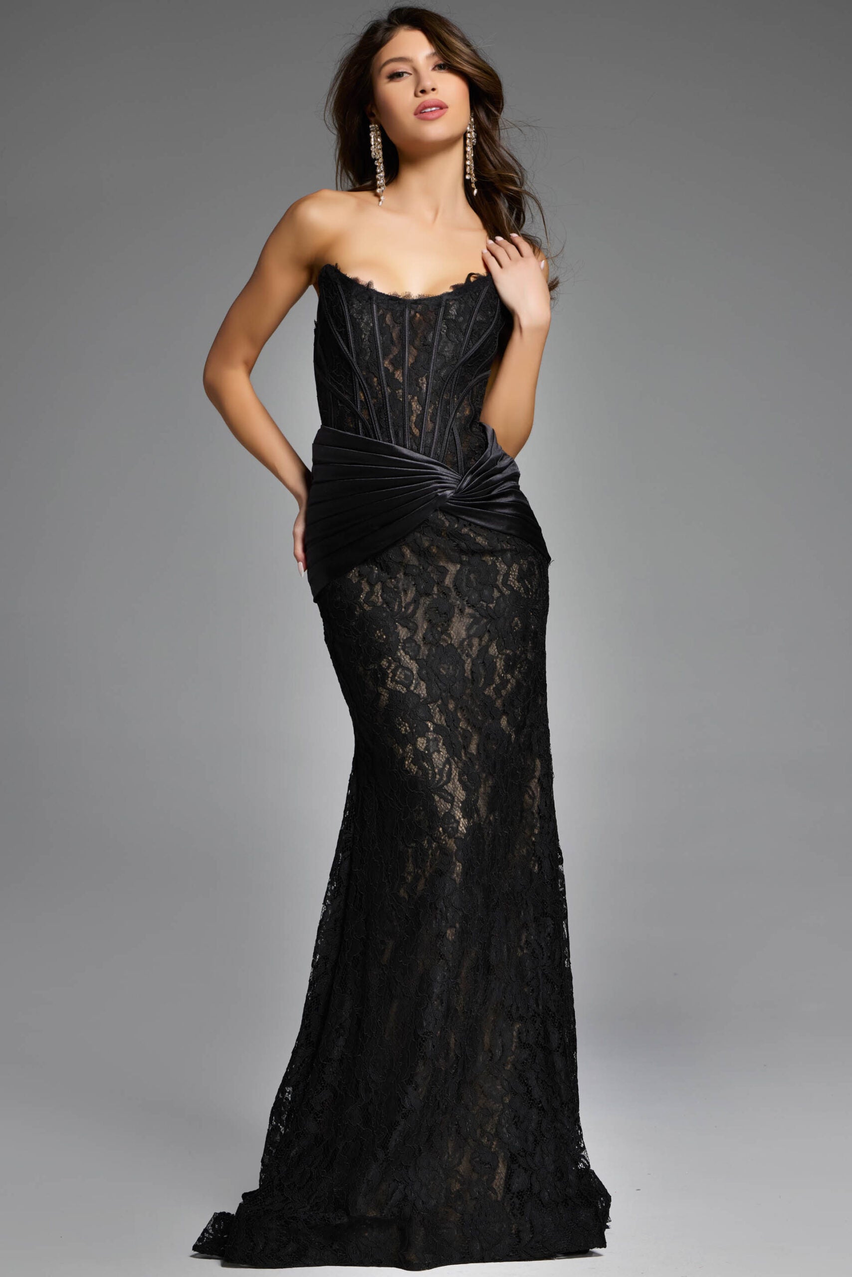 Jovani 43856 Size 4 Black/Nude Long Lace Fitted Prom Dress Scoop Neck Corset Evening Gown Pageant Formal