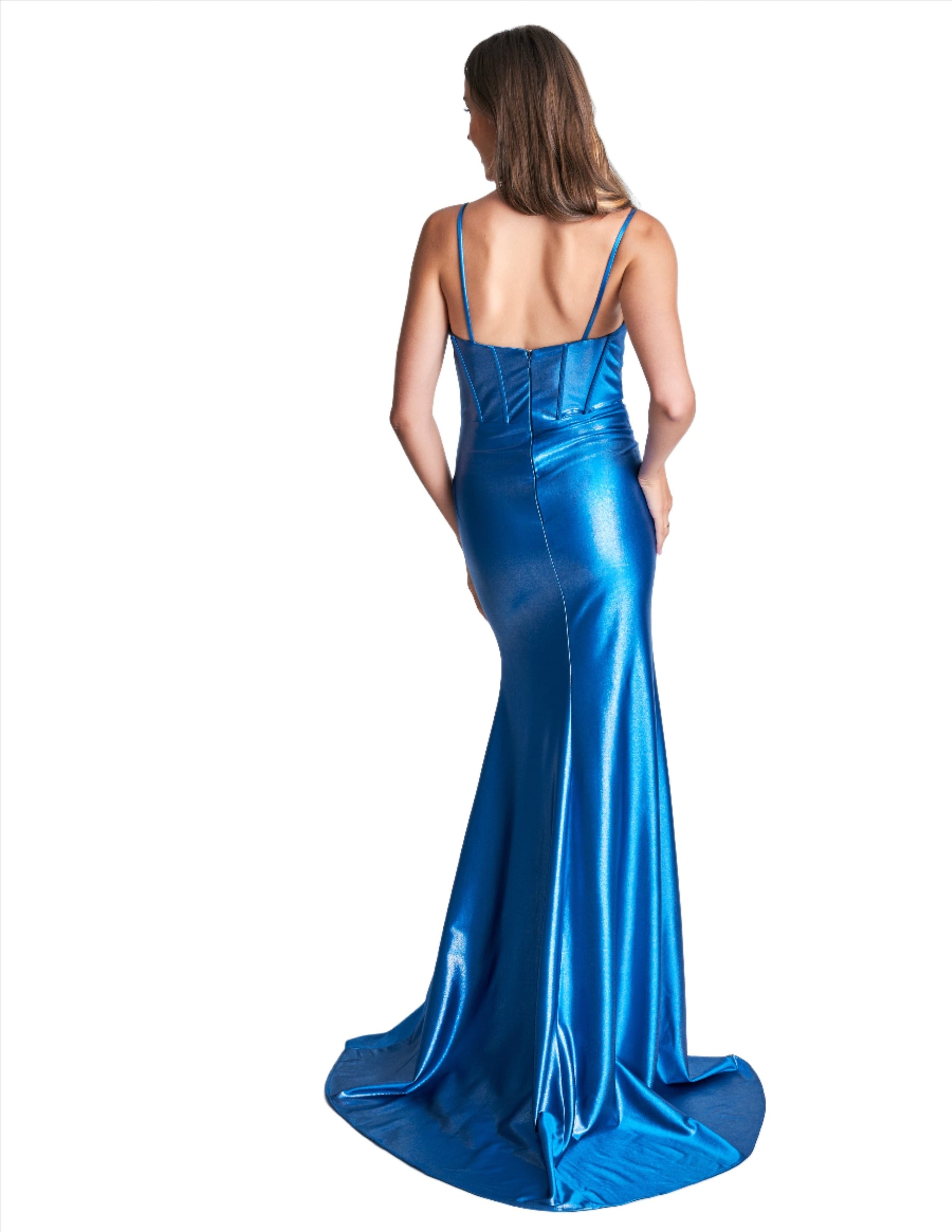 Experience elegance and sophistication in the Nina Canacci 4404 Shimmer Jersey Corset Fitted Prom Dress. Designed with a slit V neck and ruched detailing, this formal gown accentuates your curves flawlessly. The shimmer jersey fabric adds a touch of glamour while providing a comfortable fit.