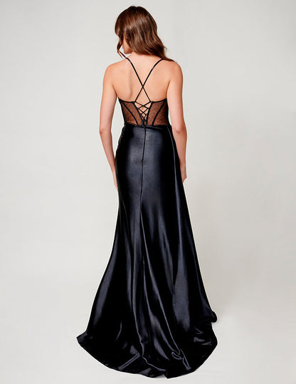 Nina Canacci 4409 Size 4 Royal Long Satin Sheer Corset Prom Dress Slit Overskirt Pageant Gown