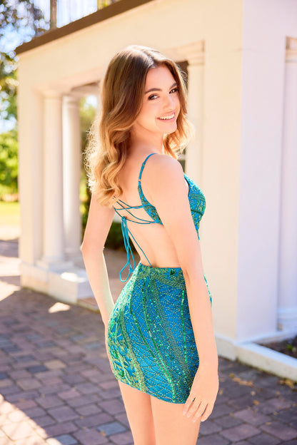 The Primavera Couture 4435 is a sophisticated short cocktail gown featuring delicate beadwork and stylish cutouts. Its V-neckline and backless corset design create an elegant and flattering silhouette, perfect for making a memorable impression at homecoming or any special event.

Sizes: 000-16

Colors: Black/Gold, Black/Blue, Peacock/Emerald