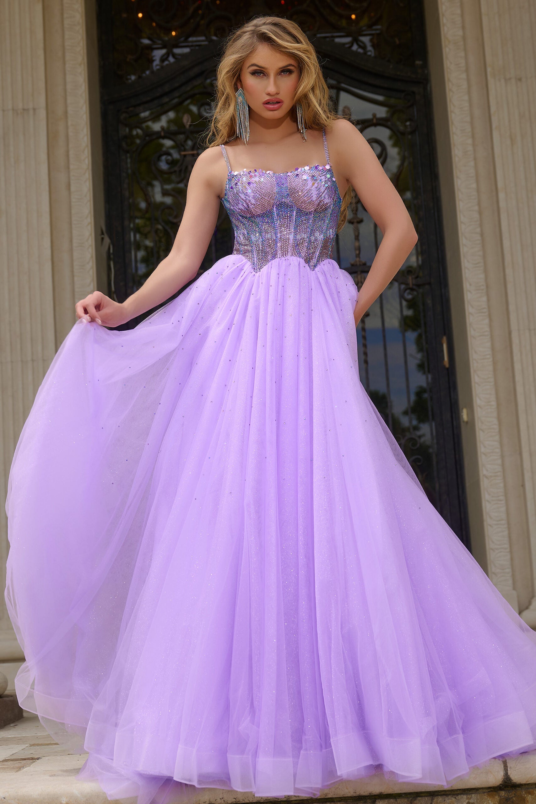 Jovani 44511 Crystal Bodice Shimmer Prom Dress Pageant Gown Tulle Formal Sequin scoop neck