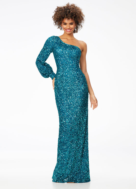 Ashley Lauren 11194  This gorgeous sequin gown features a one shoulder neckline dress features a bishop sleeve and a fitted column skirt with back vent.  Available colors:  Neon Pink, Peacock, Purple, Emerald, Black
