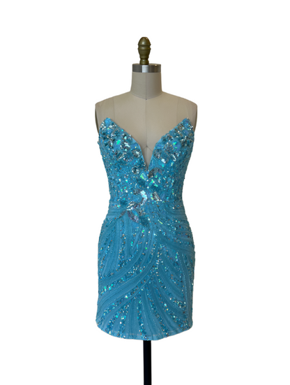 Ashley Lauren 4500 This knockout Short cocktail dress features a plunging V neckline and back and is made of sequins.&nbsp; It has a beautiful multi colored sequin pattern that makes this dress stand out.&nbsp;&nbsp; Available colors: Turquoise/Royal, Black, Blue/Jade, Bright Pink, Candy Pink, Emerald, Gold, Gold/Black, Ivory, Lilac, Rose Gold, Sky, Sky/Nude