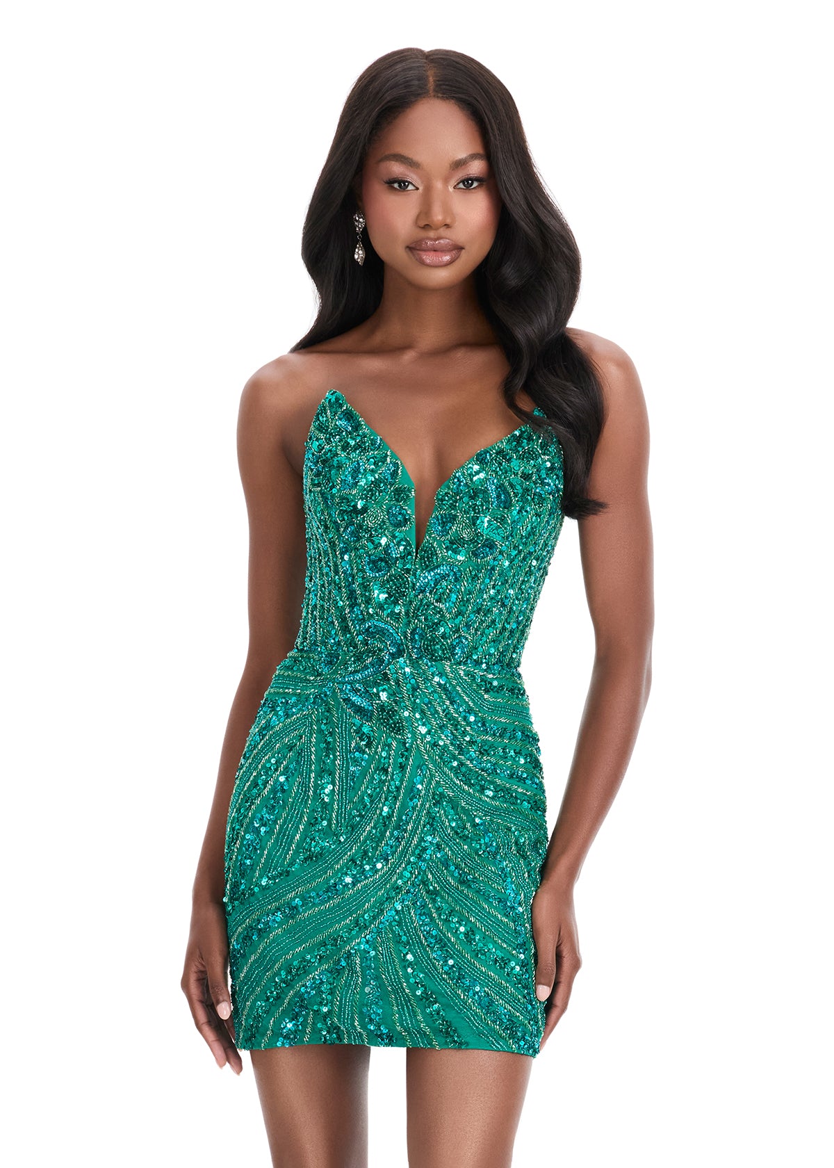 Ashley Lauren 4500 Short Cocktail Dress Peak Point V Neck Formal Beaded Sequin Gown