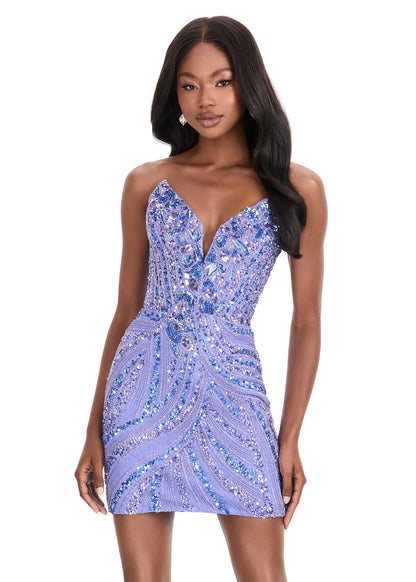 Ashley Lauren 4500 Short Cocktail Dress Peak Point V Neck Formal Beaded Sequin Gown