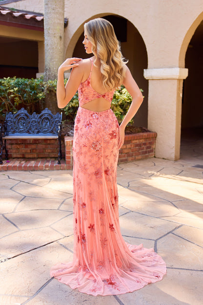 coral dresses long Gown with Embellished Sleeves 0 / Tall The bottom of the dress has sparkling bugle beads throughout Pink Coral Floral Embroidered Maxi