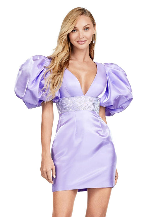 Ashley Lauren 4549 Satin Cocktail Dress Puff Sleeve