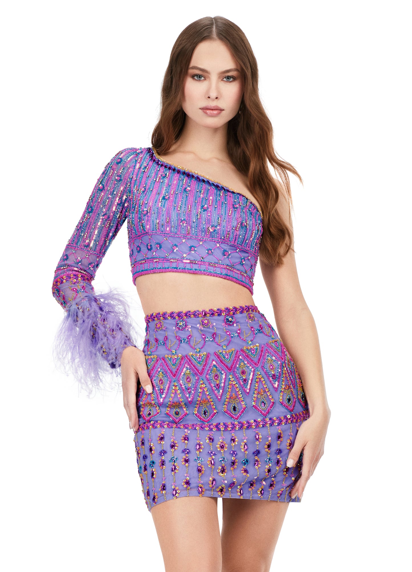 Ashley Lauren 4597 Two Piece Beaded Sequin Long Sleeve Feather Cuff Cocktail Dress Formal Stand out in this show stopping two piece set at your next event. The one sleeve top and skirt are adorned with an intricate, bright bead pattern. The sleeve is trimmed in feathers for the perfect pop of fun! One Sleeve Feather Details Two-Piece Fully Beaded Sizes: 00-16 Colors: Lilac, Sky