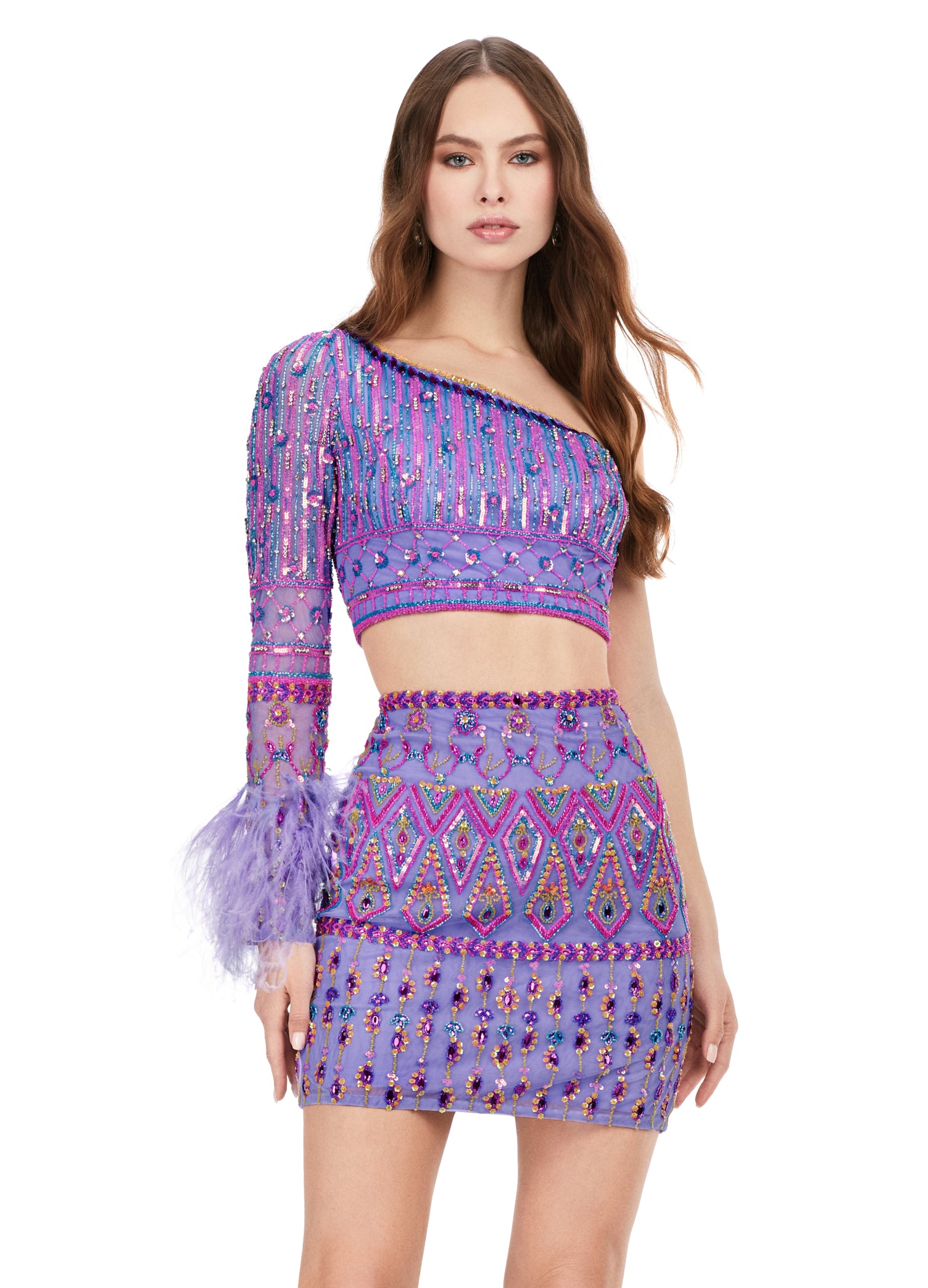 Ashley Lauren 4597 Two Piece Beaded Sequin Long Sleeve Feather Cuff Cocktail Dress Formal 0 / Lilac Ashley Lauren 4597 Two Piece Beaded Sequin Long Sleeve Feather Cuff Cocktail Dress Formal 0 / Lilac