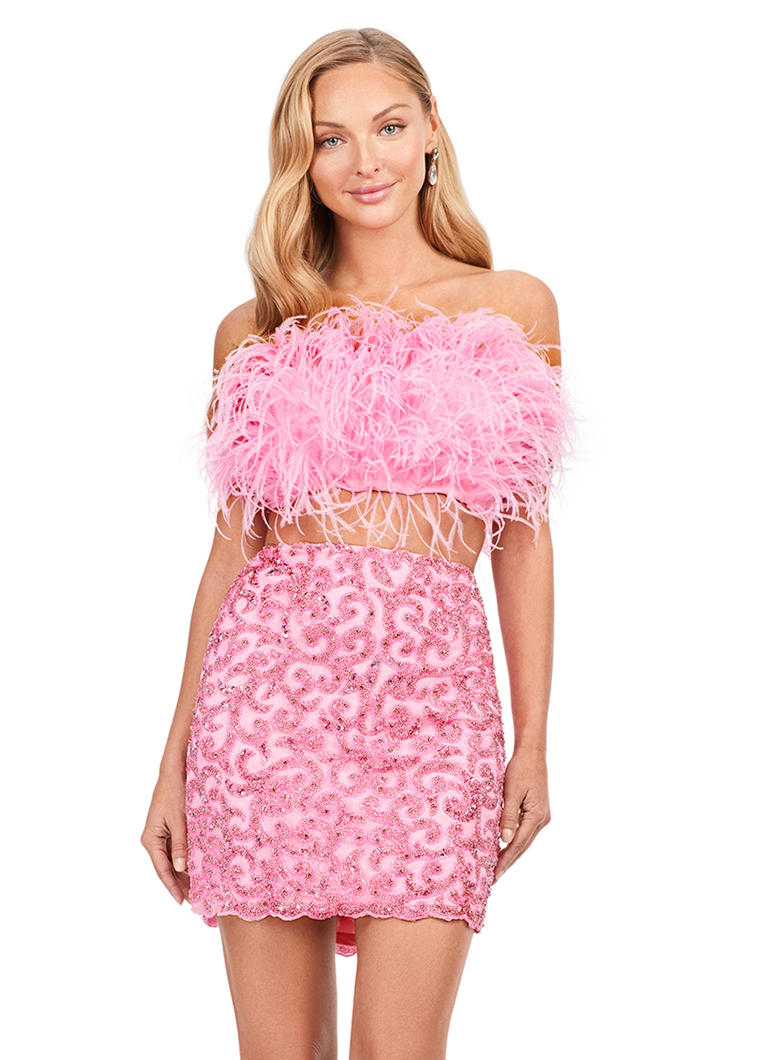 Ashley Lauren 4599 Short Two Piece Beaded Skirt Feather Bodice Formal Cocktail Dress 4 / Ivory Ashley Lauren 4599 Short Two Piece Beaded Skirt Feather Bodice Formal Cocktail Dress 4 / Ivory