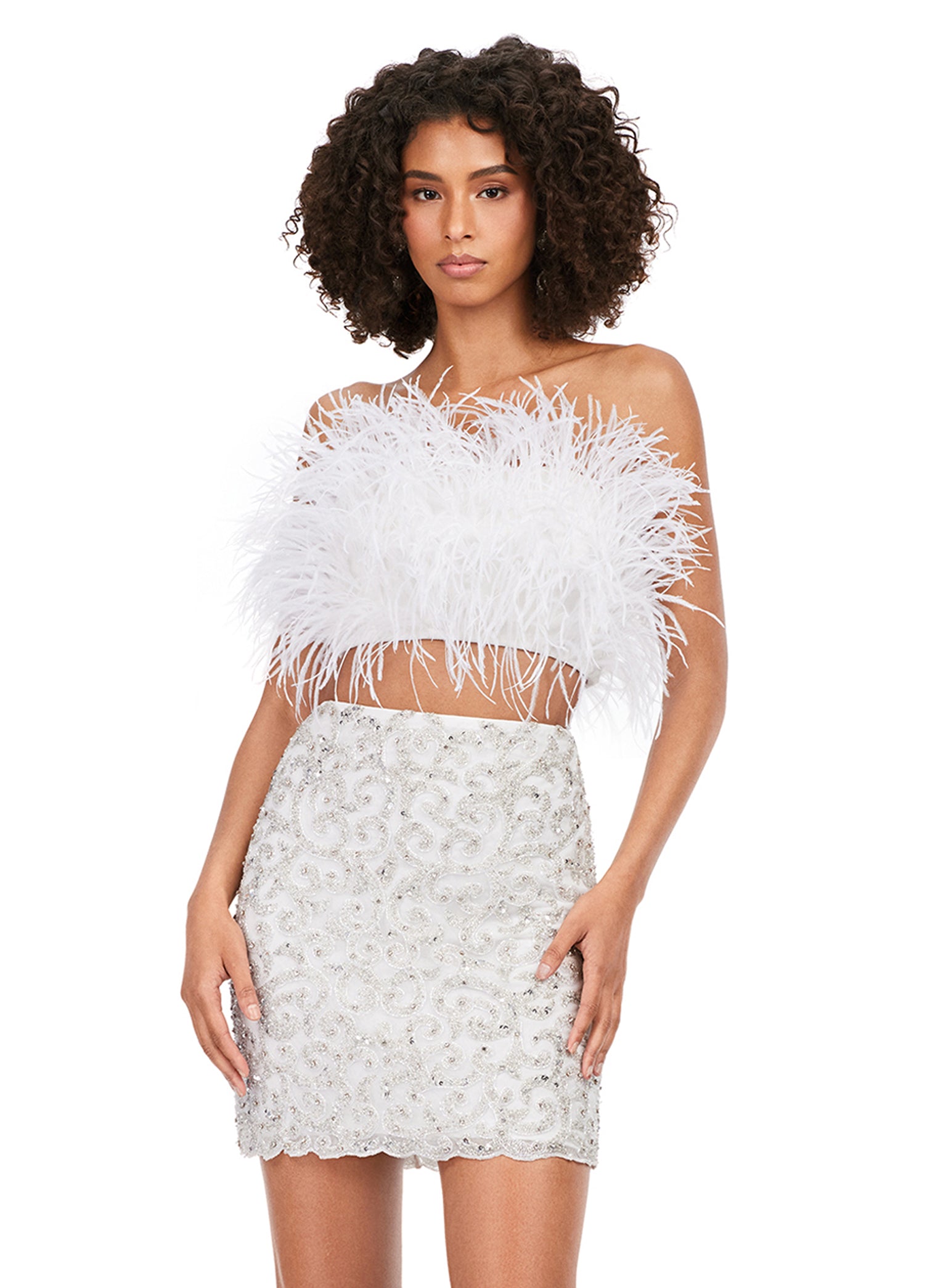 Ashley Lauren 4599 Short Two Piece Beaded Skirt Feather Bodice Formal Cocktail Dress 0 / Candy Pink Ashley Lauren 4599 Short Two Piece Beaded Skirt Feather Bodice Formal Cocktail Dress 0 / Candy Pink