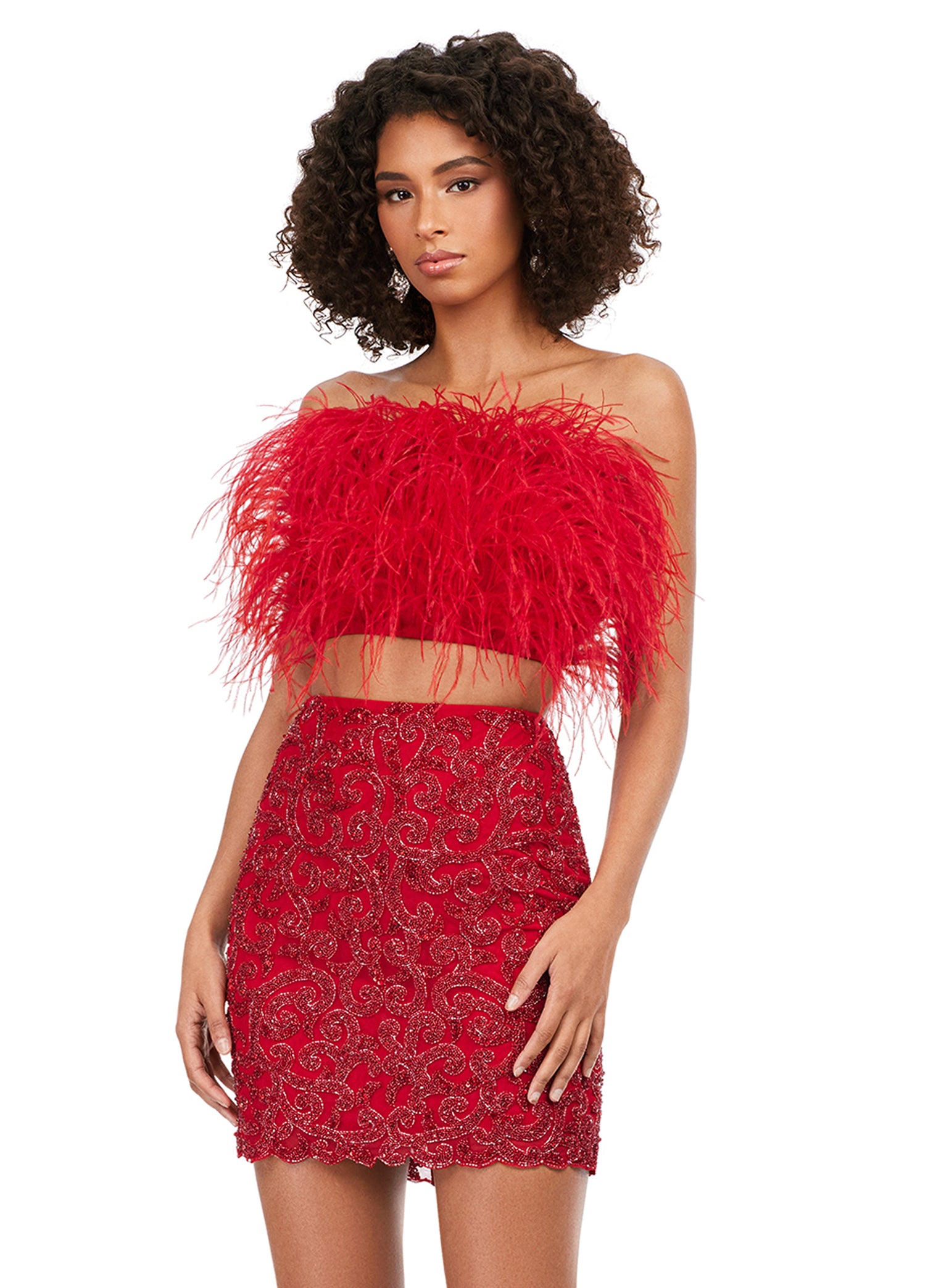 Ashley Lauren 4599 Short Two Piece Beaded Skirt Feather Bodice Formal Cocktail Dress 4 / Ivory Ashley Lauren 4599 Short Two Piece Beaded Skirt Feather Bodice Formal Cocktail Dress 4 / Ivory