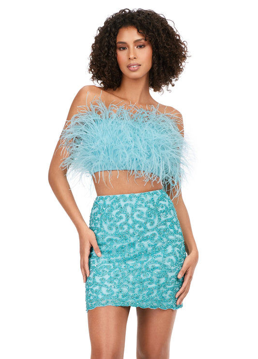 Ashley Lauren 4599 Short Two Piece Beaded Skirt Feather Bodice Formal Cocktail Dress  Homecoming This two piece set features a fully beaded skirt and fully feathered top, the perfect pair! This gorgeous piece is a must for your closet! Strapless Feather Bustier Two-Piece Fitted Skirt Sizes: 00-16 Colors:  Sky, Candy Pink, Ivory, Lilac, Red