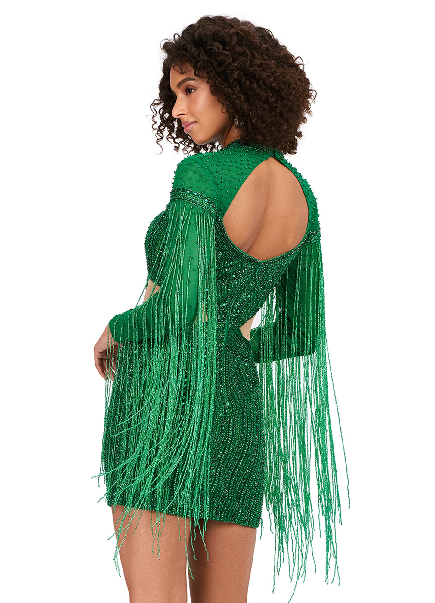 Ashley Lauren 4601 Long Sleeve Cutout Beaded Fringe Backless Cocktail Dress Formal Gown Make an entrance that is sure to steal the show. This fully beaded cocktail features a sweetheart neckline, open back and illusion cut outs at the waist. Long sleeves with fringe complete the look! Sweetheart Neckline Illusion Cut Outs at Waist Fitted Skirt Fringe Sizes: 0-16 Colors: Black, Silver, Emerald, Gold