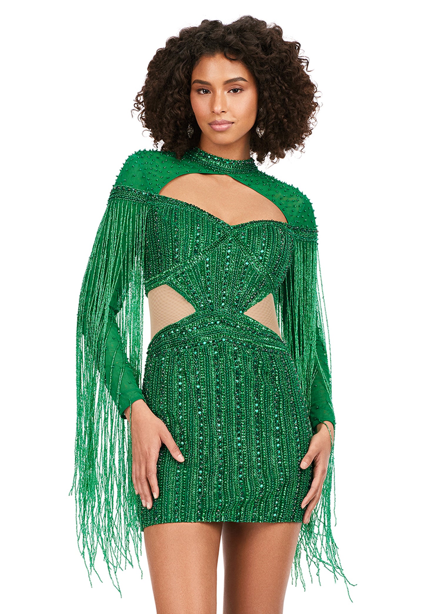 Ashley Lauren 4601 Long Sleeve Cutout Beaded Fringe Backless Cocktail Dress Formal Gown 0 / Black Ashley Lauren 4601 Long Sleeve Cutout Beaded Fringe Backless Cocktail Dress Formal Gown 0 / Black