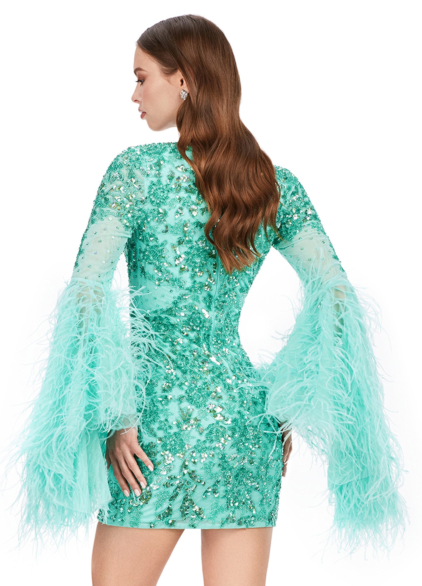 Ashley Lauren 4603 Short Beaded Sequin Long Feather Bell Sleeve Formal Dress Cocktail Gown Pageant Make a statement in this fully beaded cocktail dress with feather adorned flare sleeves! The look is complete with a V-neckline, full back and fitted skirt. V-Neckline Flare Feather Sleeves Fitted Skirt Fully Beaded Sizes: 0-18 Colors: Aqua, Black, Candy Pink, Orchid, Red