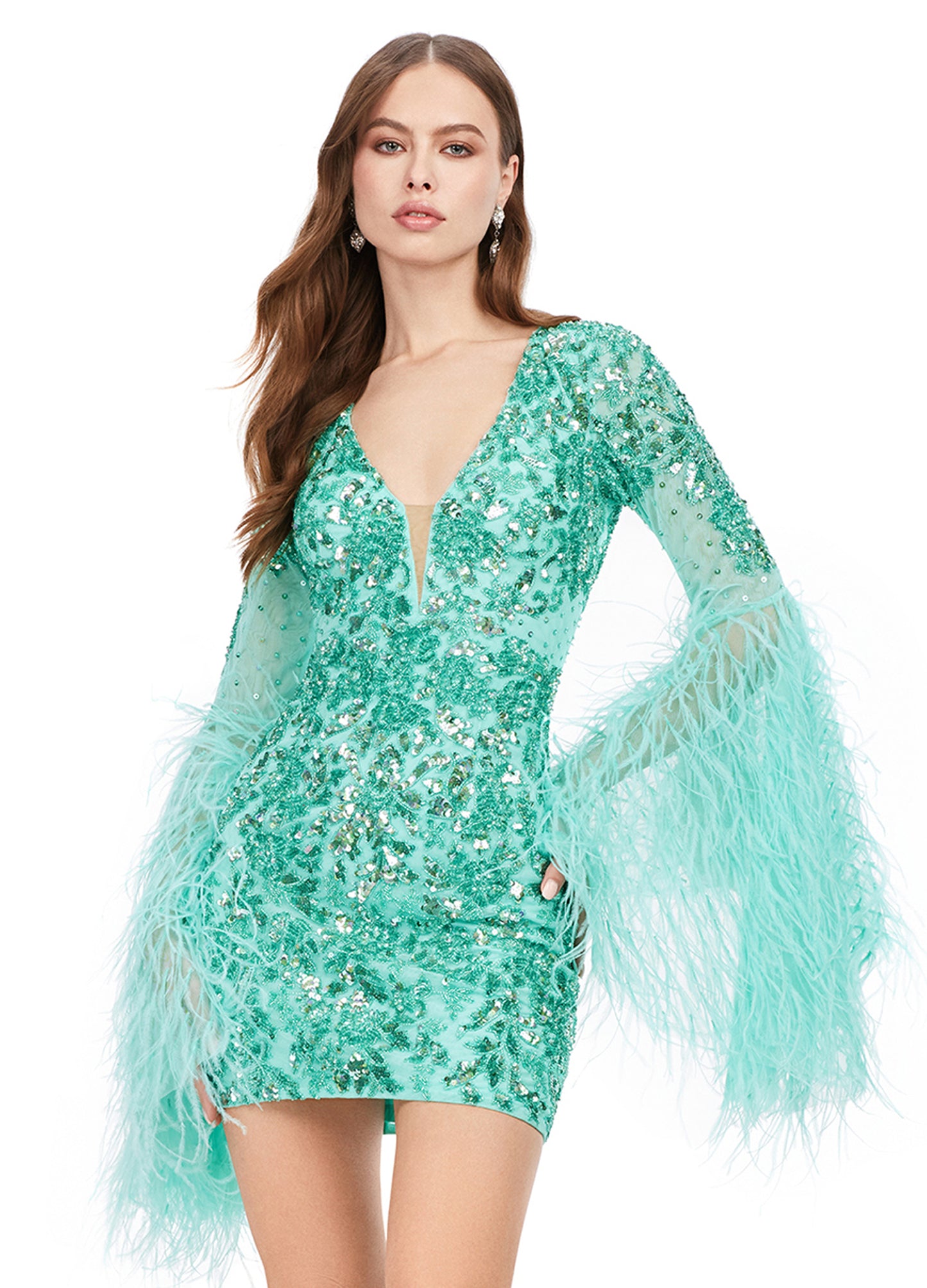 Ashley Lauren 4603 Short Beaded Sequin Long Feather Bell Sleeve Formal Dress Cocktail Gown Pageant Make a statement in this fully beaded cocktail dress with feather adorned flare sleeves! The look is complete with a V-neckline, full back and fitted skirt. V-Neckline Flare Feather Sleeves Fitted Skirt Fully Beaded Sizes: 0-18 Colors: Aqua, Black, Candy Pink, Orchid, Red