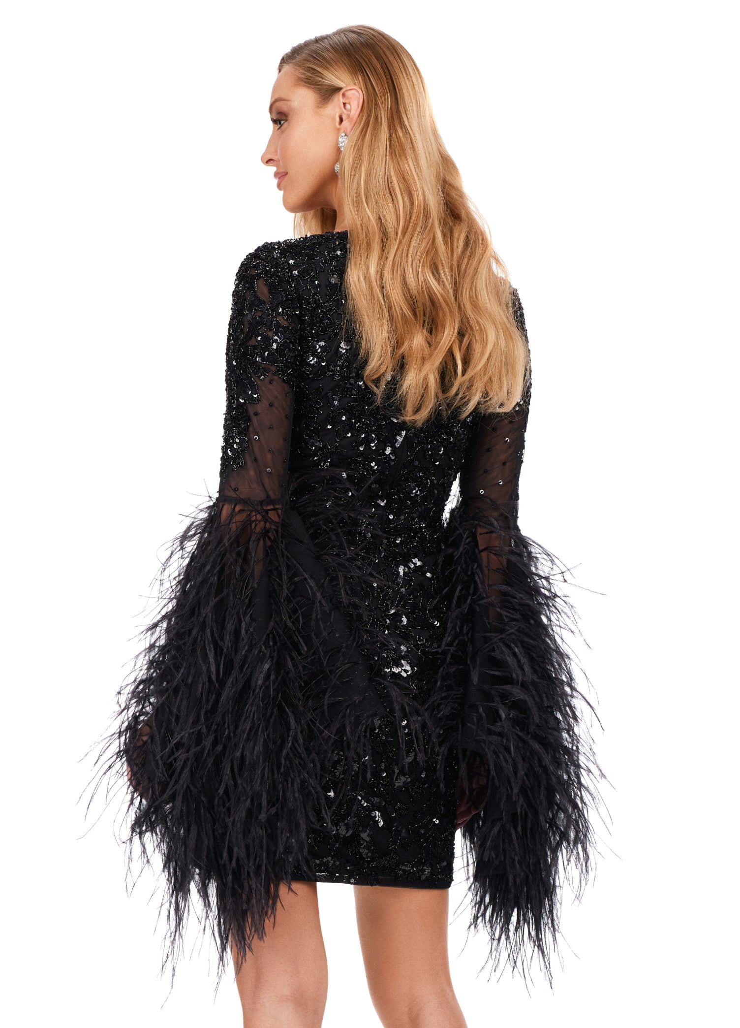 Ashley Lauren 4603 Fully Beaded Bell Sleeve With Feathers V-Neck Cocktail Homecoming Dress 4 / Candy Pink Ashley Lauren 4603 Fully Beaded Bell Sleeve With Feathers V-Neck Cocktail Homecoming Dress 4 / Candy Pink