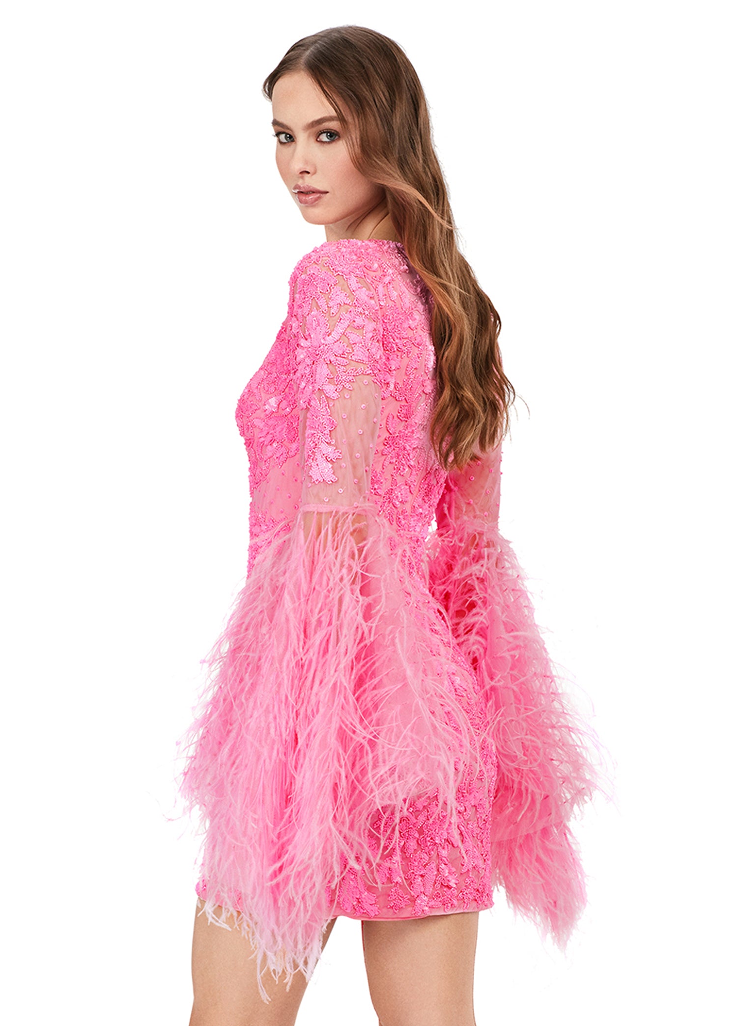 Ashley Lauren 4603 Fully Beaded Bell Sleeve With Feathers V-Neck Cockt Glass Slipper Formals Ashley Lauren 4603 Fully Beaded Bell Sleeve With Feathers V-Neck Cockt Glass Slipper Formals
